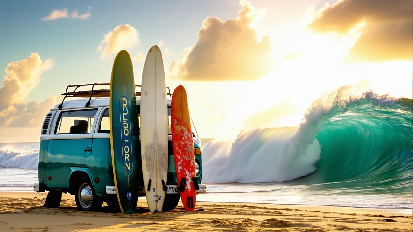 AI generated: A highly detailed distant ,ultra high definition low angle close up pro photo of a three surfboards ...