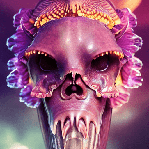 AI generated: goddess close-up portrait ribcagel. jellyfish phoenix head, nautilus, orchid, skull, betta fish, bio...