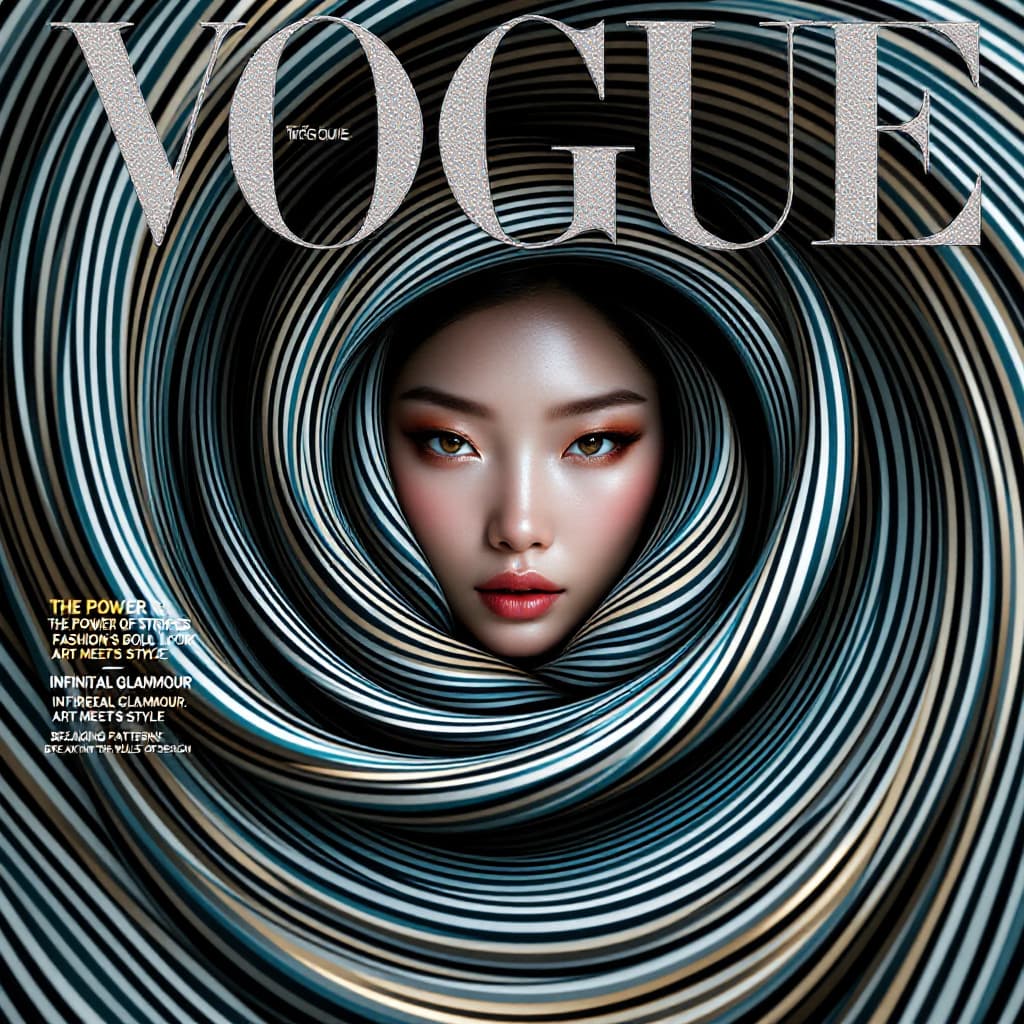 AI generated: VOGUE magazine cover featuring a mesmerizing chinese woman wrapped in a swirling vortex of stripes. ...