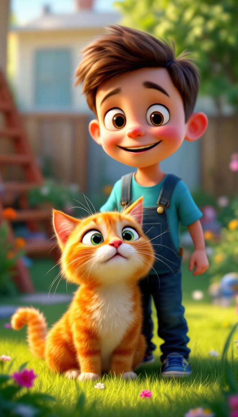 AI generated: whimsical illustration of Mark, a young boy, and his cat, mid-swap, with vibrant colors and playful ...