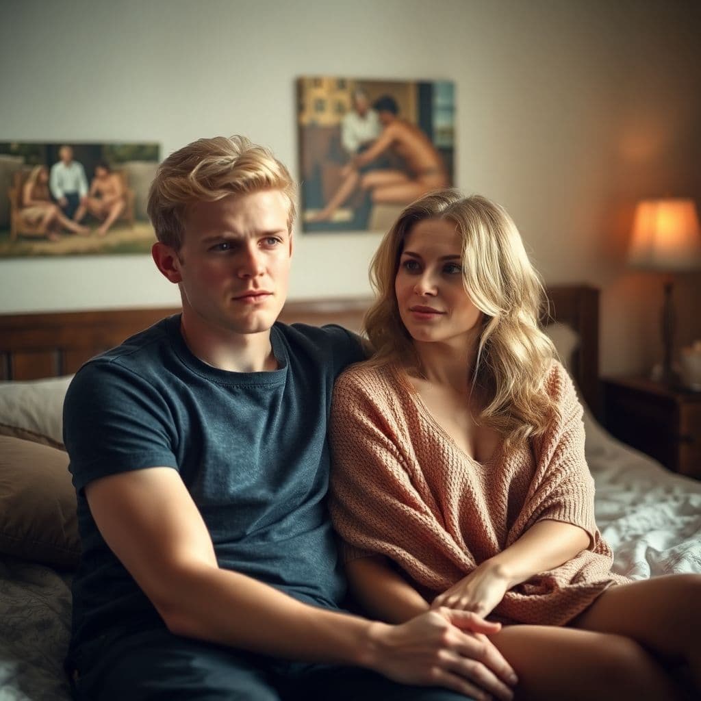 AI generated: 25 years old man with blonde hair sitting with a 40 years old transgender woman in a cozy bedroom, n...