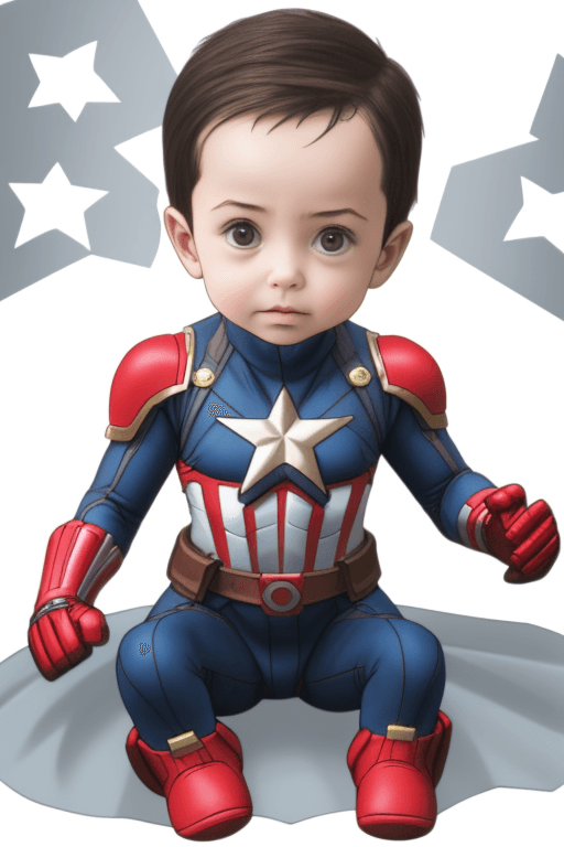 AI generated: a sitting baby with light dark hair. dressed as captain america, captain marvel, super heroes, <lora...