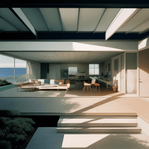 AI generated: Hyper realistic eye level exterior photo of a mid century modern style house overlooking the ocean, ...