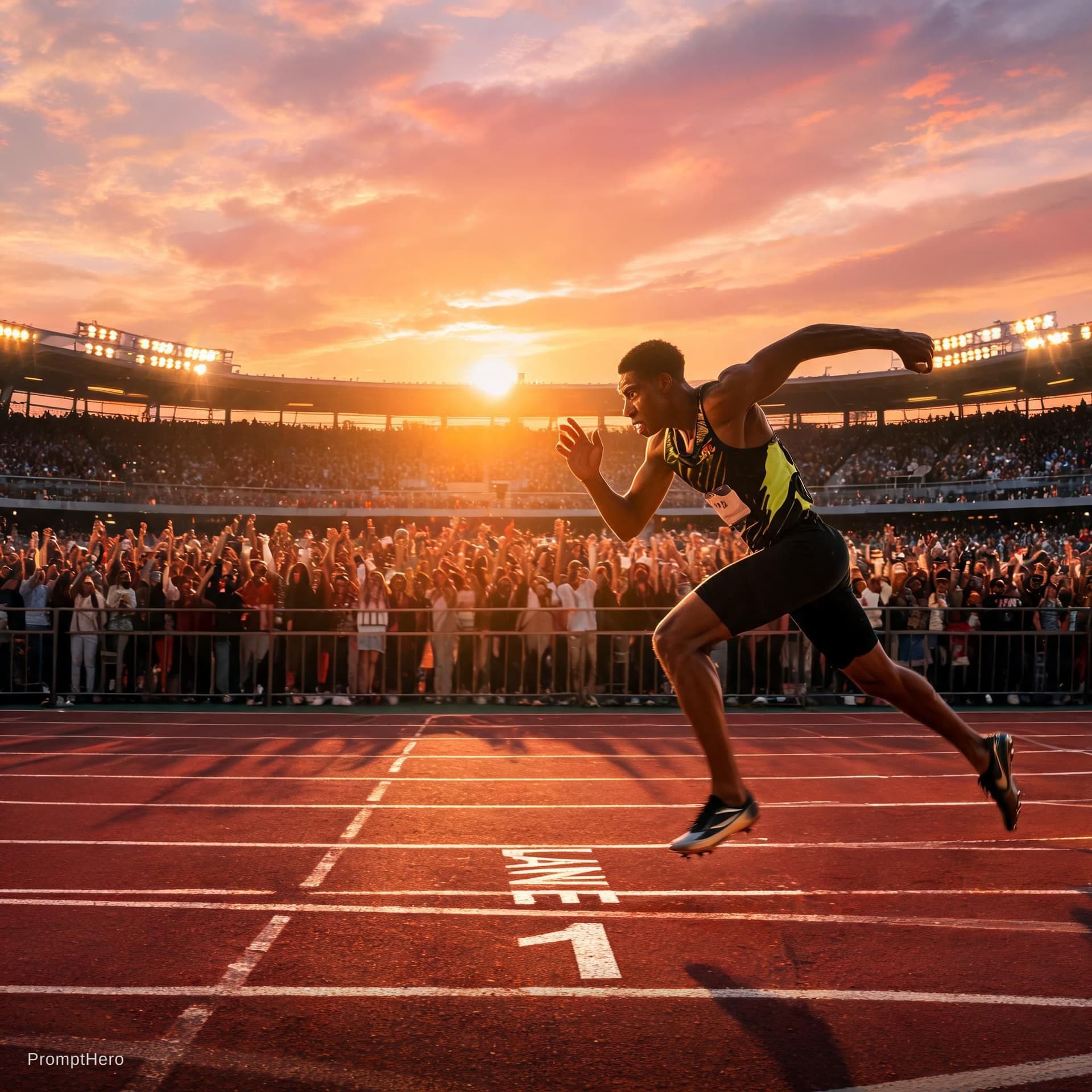 AI generated: Professional athlete sprinting on stadium track during sunset, cinematic camera movement, slow motio...