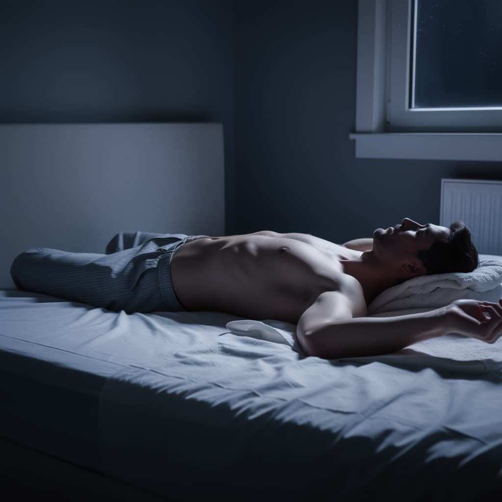AI generated: male torso shirtless bed low light moonlight photorealistic

