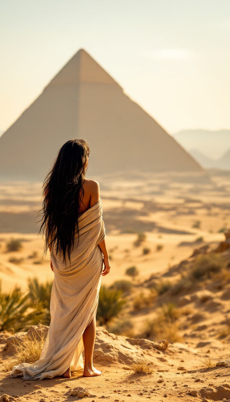AI generated: withthe pyramids and the nil valley on her backsa full body view hot egyptian girl,  barefoot, show ...