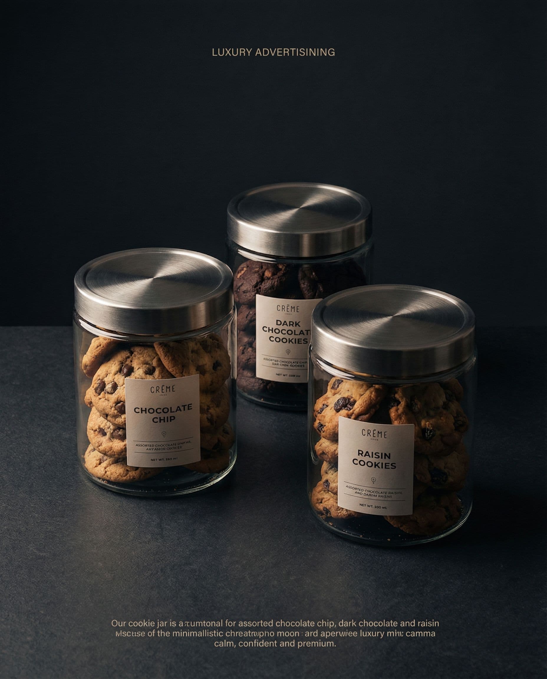 AI generated: High-end dark luxury advertising photograph of the same artisanal cookie jars shown in the reference...