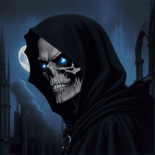 AI generated: oil painting, close-up, hooded death, the ruins of a gothic cathedral, mystical smoke, fire, moonlig...