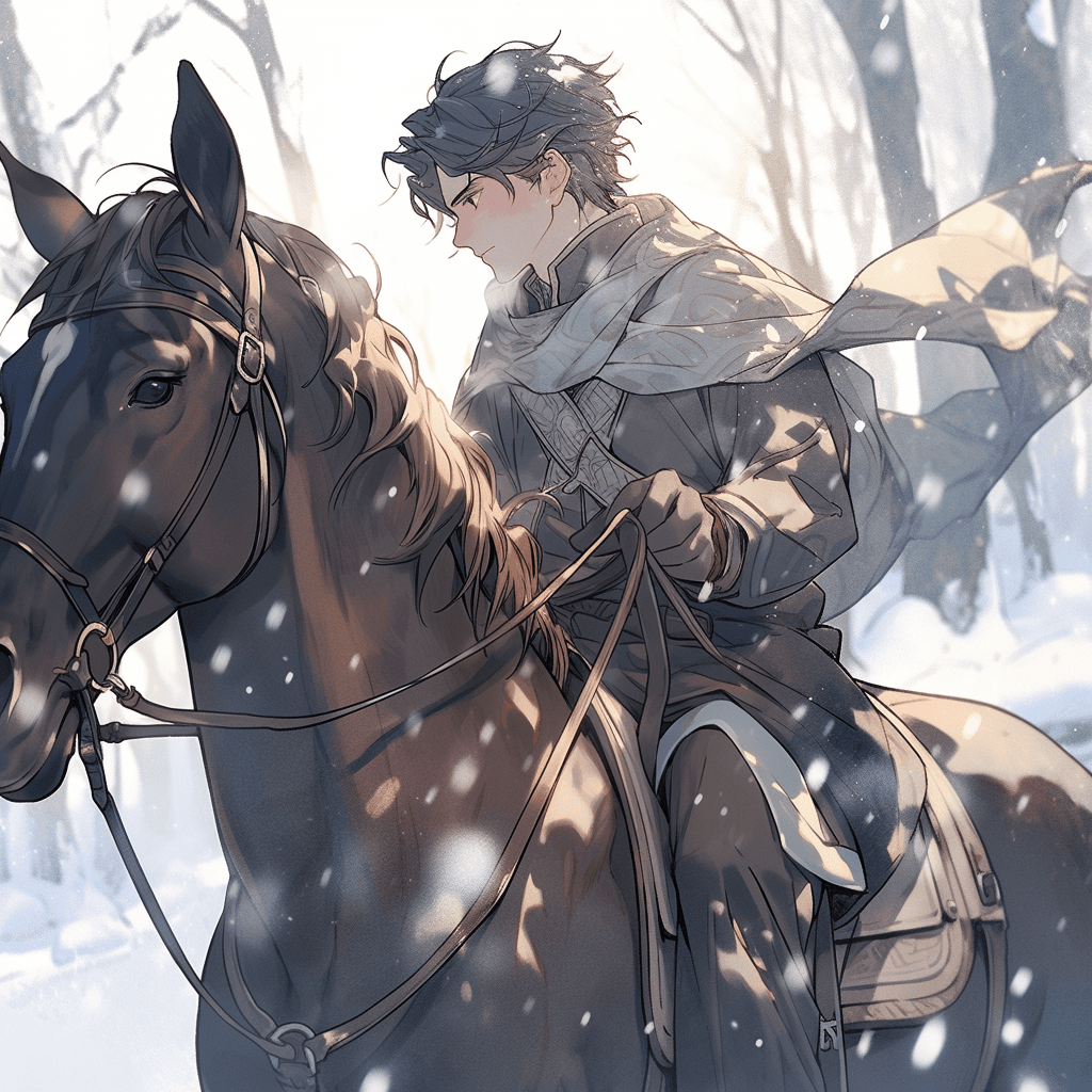 AI generated: young man riding a horse through the snow, hot, cute, --niji 5