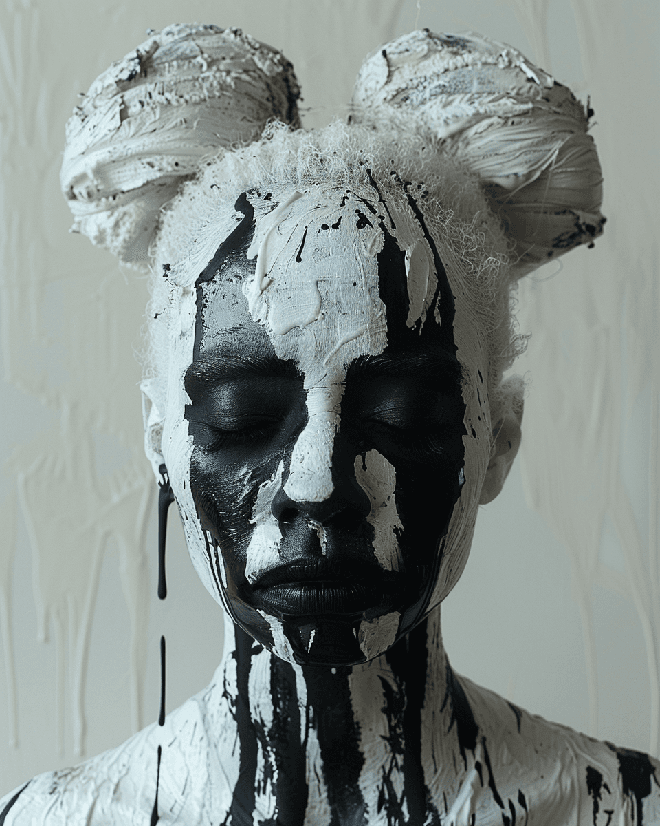 AI generated: woman with liquid face paint and liquid makeup giving porcelain skin, makeup art for Instagram in th...