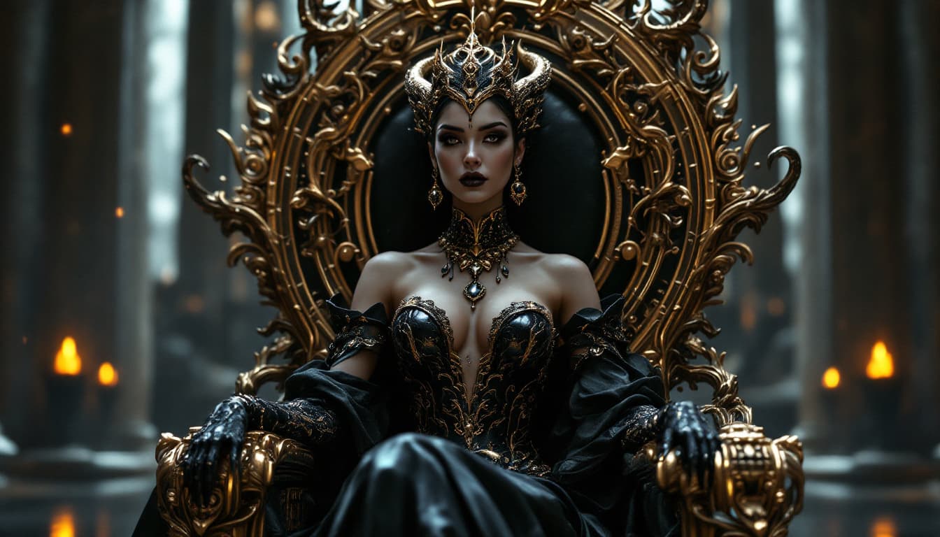 AI generated: A very beautiful queen sitting on a black throne made of gold, with a serpent-dragon like elements a...