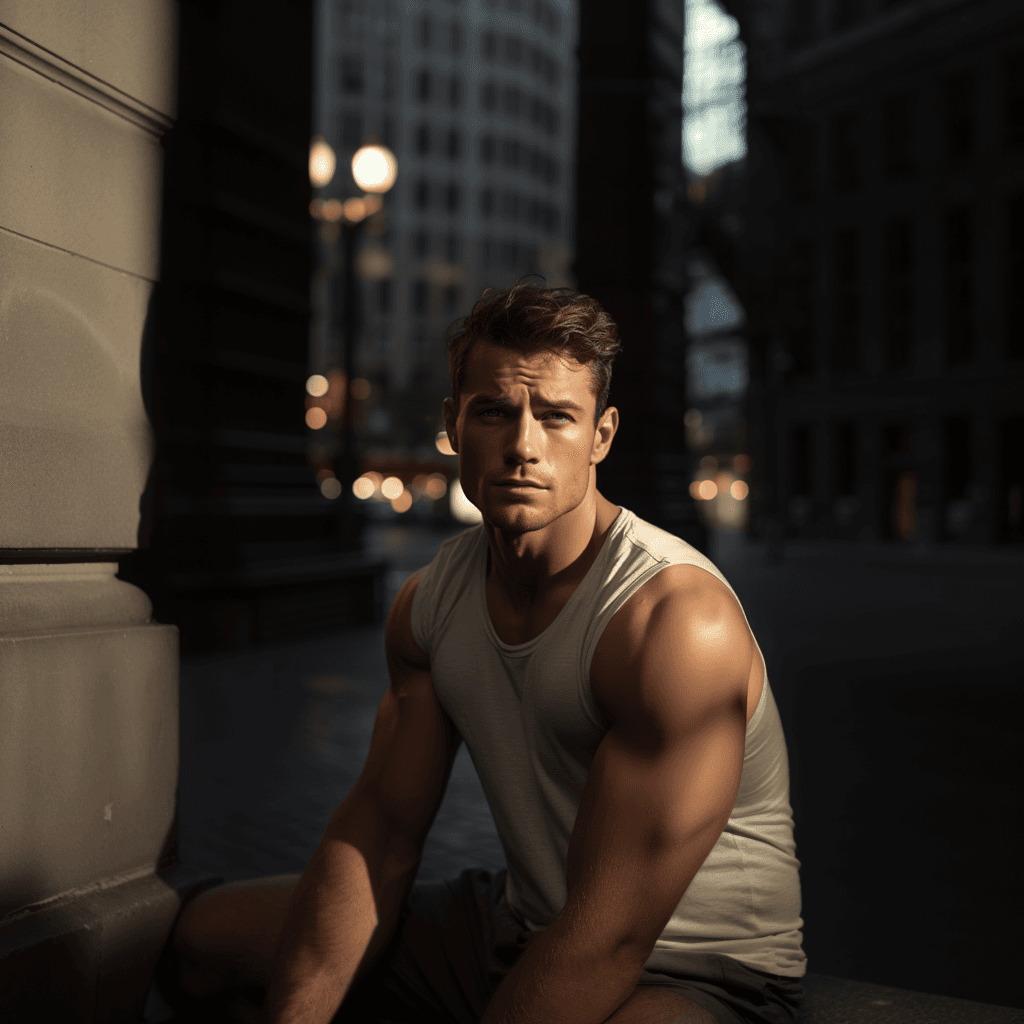 AI generated: Far-Shot Angle, elegant, fitness, perfect body, athletic, handsome, man, no blemishes, male, feet, l...