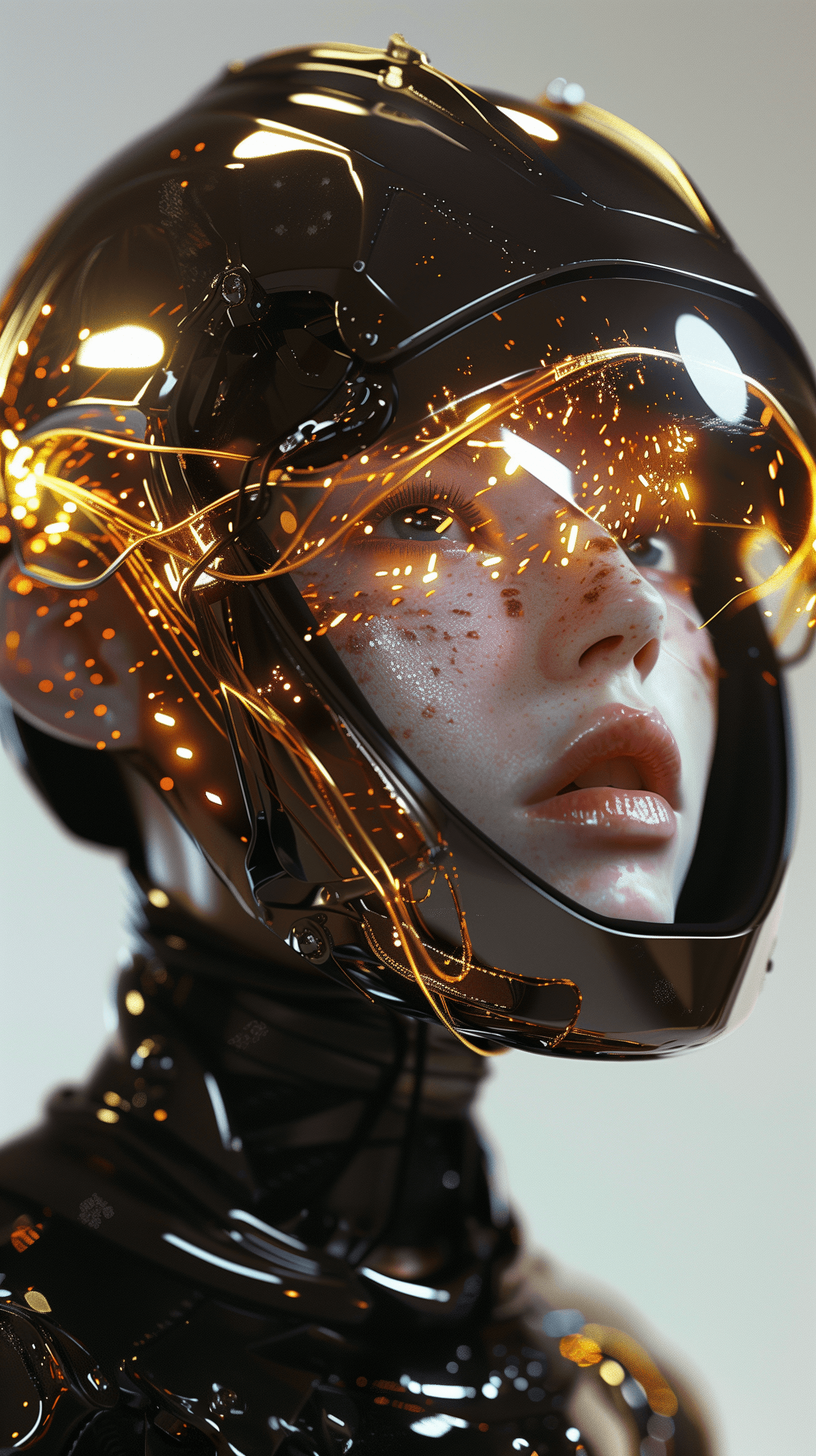 AI generated: woman wearing a cyberpunk style shiny and slimy gold helmet with robotic features, the reflection on...