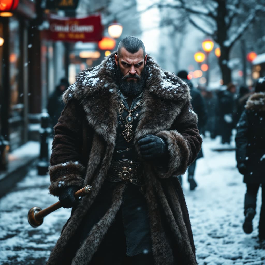 AI generated: A rich strongman, holding a mace in his hands, dressed in an expensive fur coat, walks down the stre...