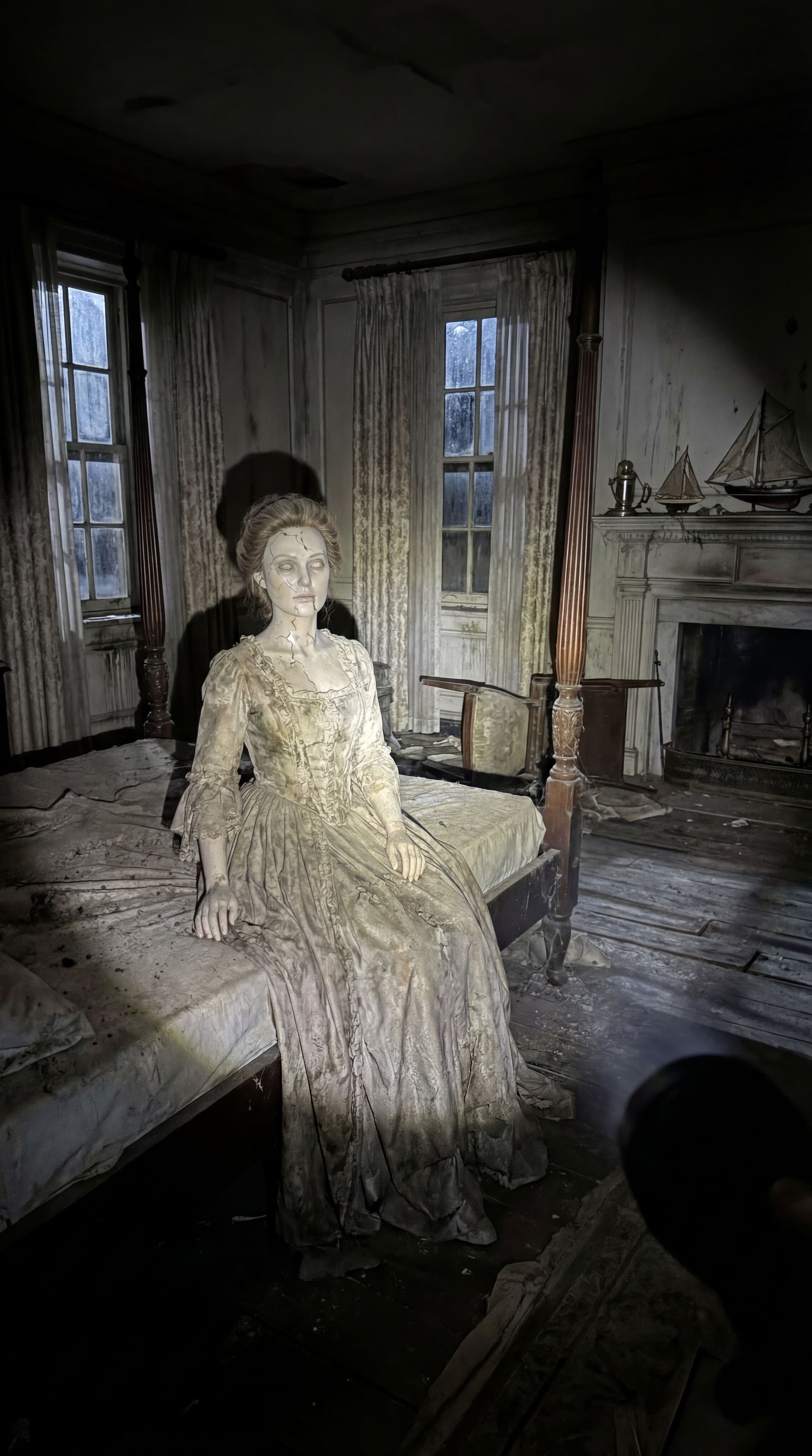 AI generated: Recreate Elizabeth Swann as a realistic abandoned physical prop from a first-person POV at night, lo...