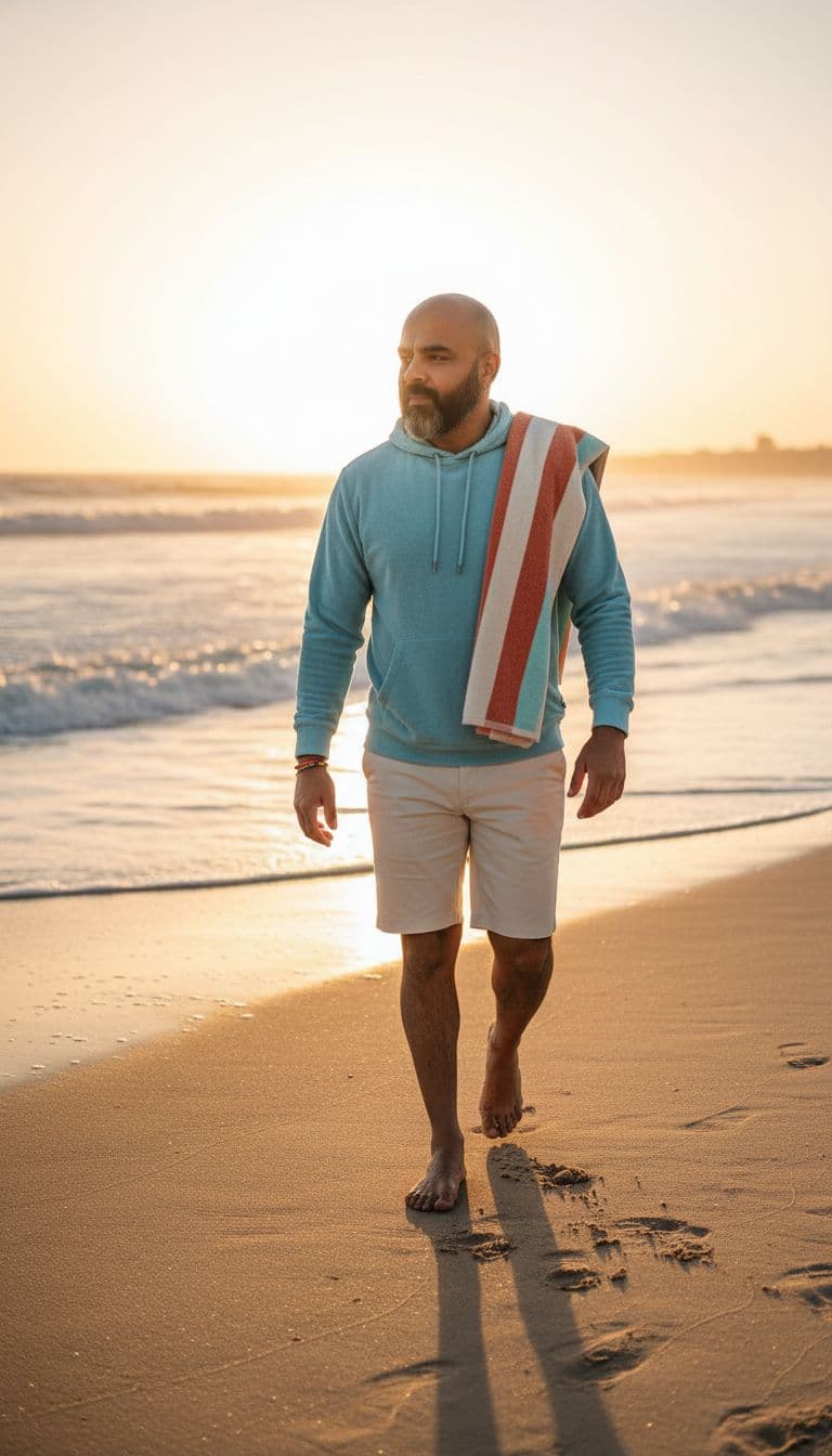AI generated: Subject: A relaxed late-20s man. Clothing: Light blue terry cloth hoodie, tailored cream-colored sho...