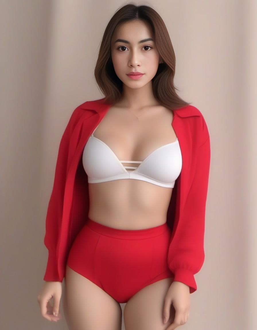 AI generated: An image of a woman with voluminous ass and tits. She is wearing a red bra broken with tits out  and...