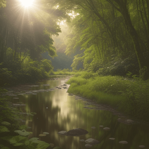 AI generated: A detailed photo of a river (meandering through a lush forest) during the early morning, captured by...