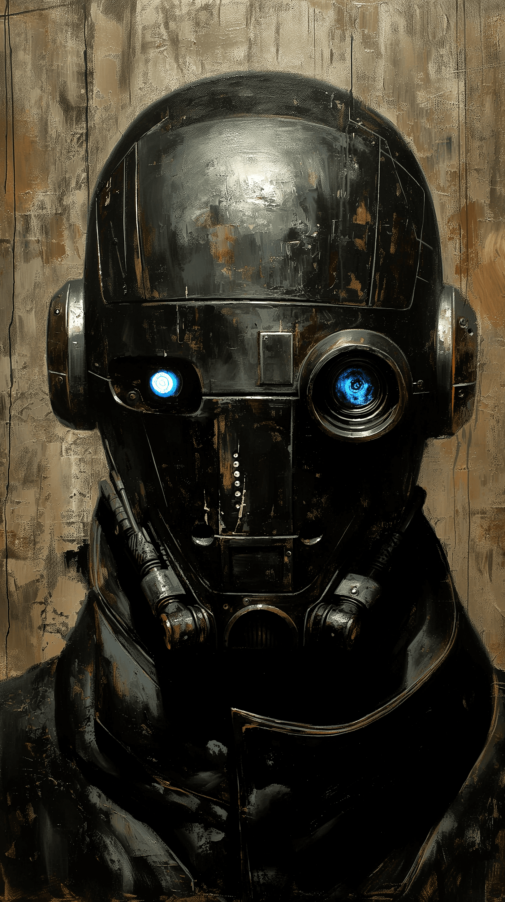 AI generated: artistic, oil painting, front view, heavy brushed, sci-fi, bizarre human robot, hyper detail lens ty...