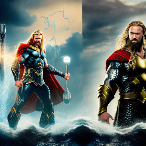 AI generated: High resolution photography of thor vs aquaman at the sky, thor looking aquaman and aquaman too, wit...