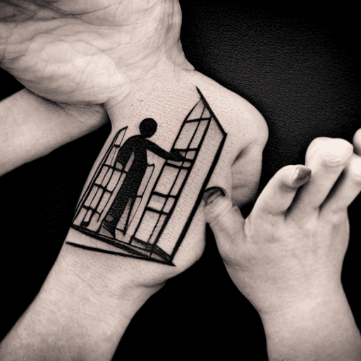 AI generated: tattoo design of a father walking down a ladder hand in hand with his children. with a clock in the ...