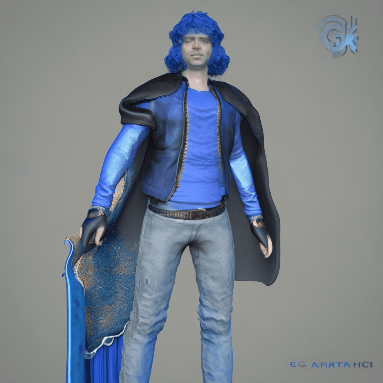 AI generated: wavy blue haired tall handsome young guy, wearing medieval clothes and leather jacket, masterpiece, ...
