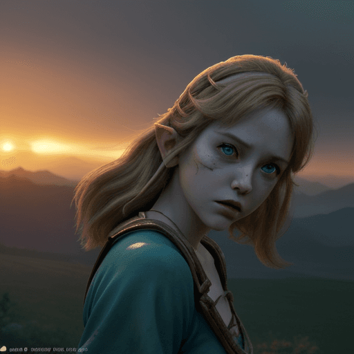 AI generated: Zelda from the Legend of Zelda, dramatic light, pale sunrise, cinematic lighting, battered, low angl...