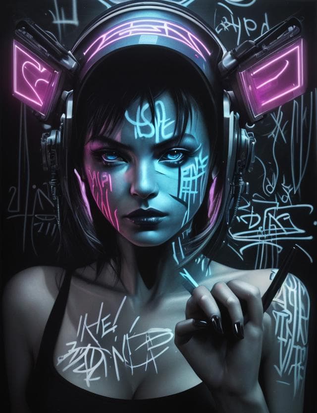 AI generated: woman, Graffiti Writing, Tech Noir, Sleek, Reprojection Techniques, RE Engine, Symbolist, Chromogeni...