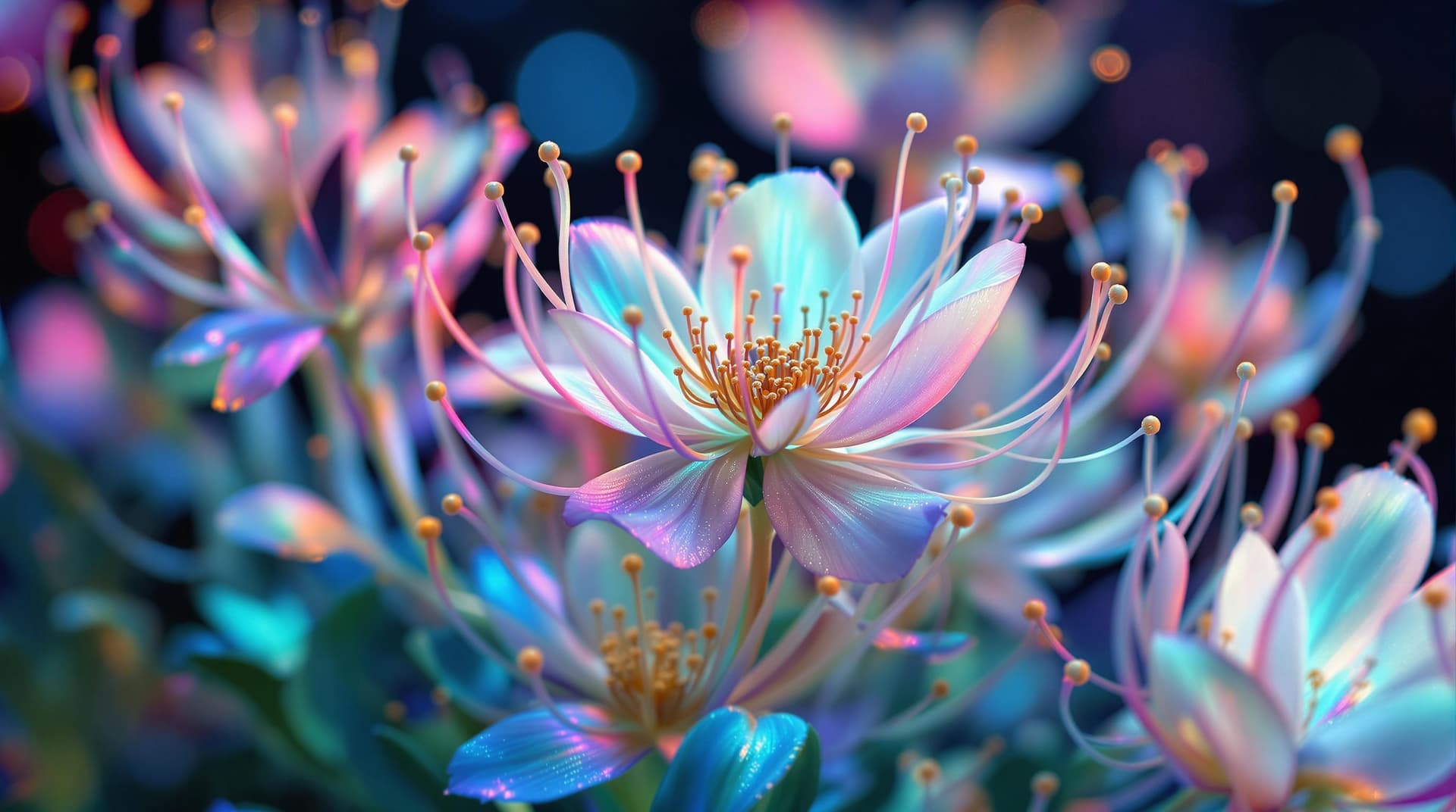 AI generated:  fictive 3d flowers bed close up from a dynamic, Unexpected angle, with a sea anemone shape, translu...