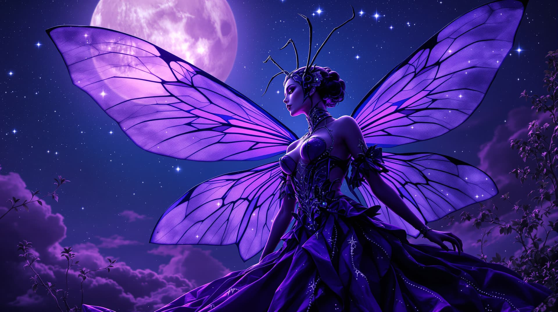 AI generated: Purple female bug lady, insect influences, standing majestically under a clear starry night sky, glo...
