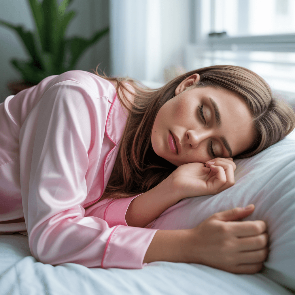 AI generated: Sleeping girl, 22 years old, realistic, she is wearing long pants, she is wearing pink pajama, brown...