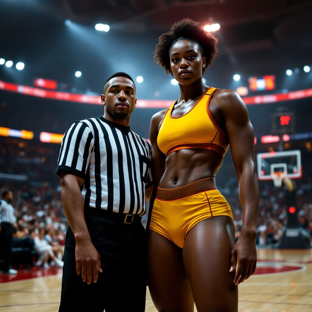 AI generated: full photo of An 10 ft tall confident heavily built  black African female basketball player in a sle...