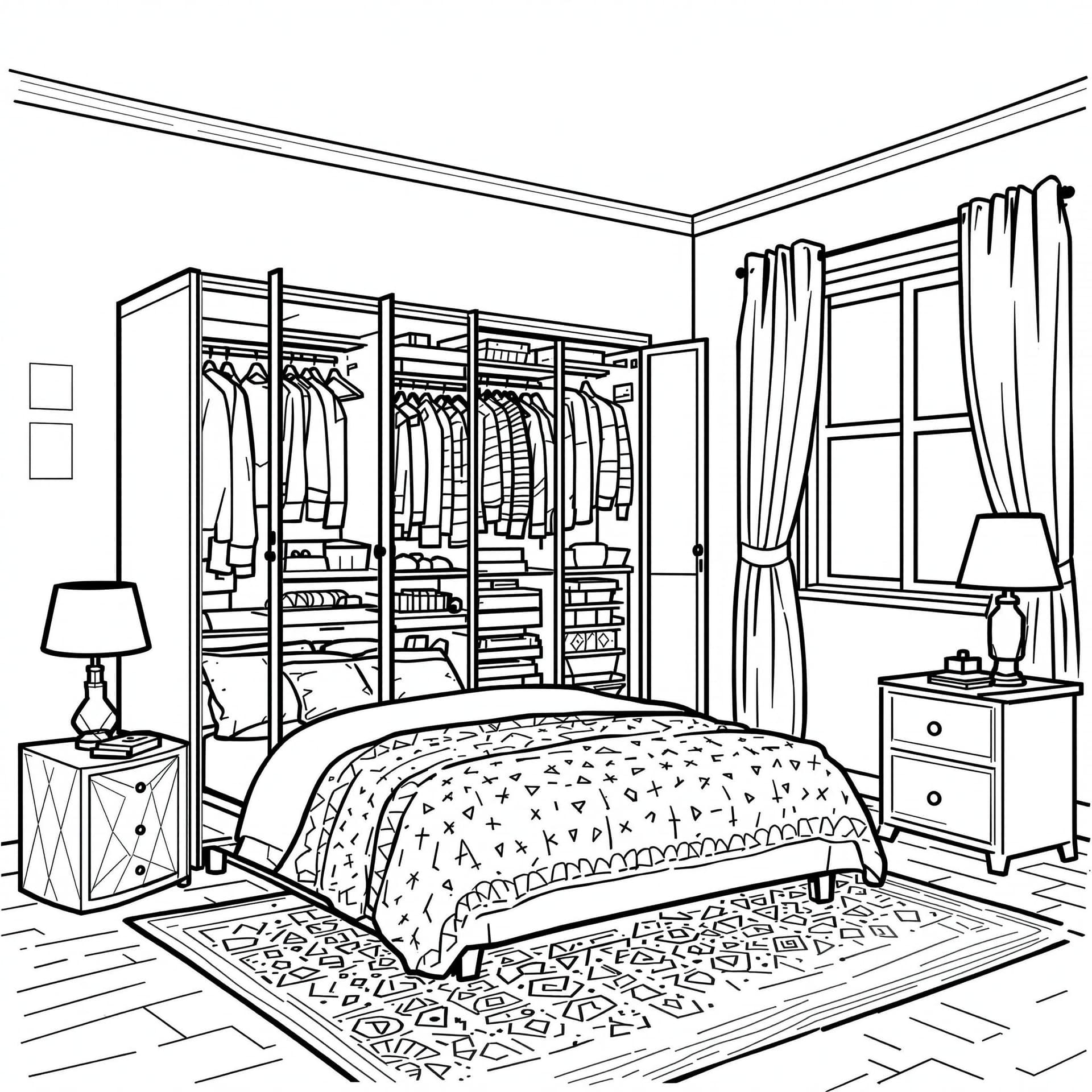 AI generated: Create a high-resolution black-and-white line drawing of a cozy bedroom with a wardrobe. Include det...
