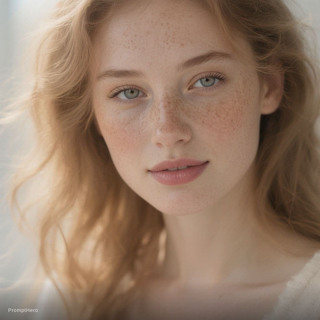 AI generated: Close-up portrait of a woman with freckles, soft natural light, delicate shadows, subtle warm tones,...