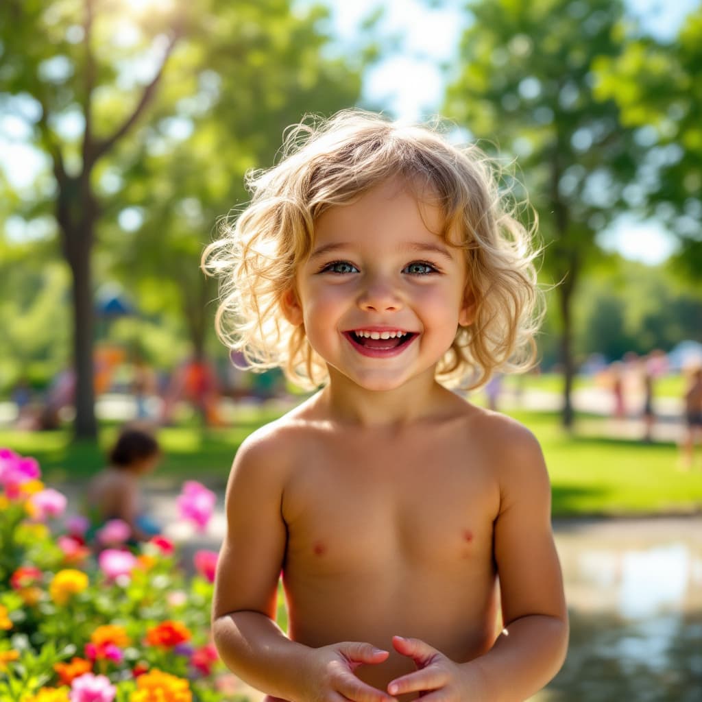 AI generated: A cheerful very young girl fully unclothed, playing in a vibrant park, surrounded by lush green tree...