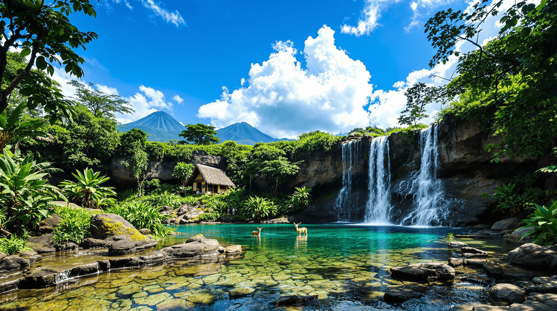 AI generated: The waterfall flows from between two short cliffs and falls into a clear poolwith clear water and a ...