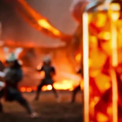 AI generated video: Perfume bottle with shards and swords of fire and volcano and dragons and fire breath with samurais ...