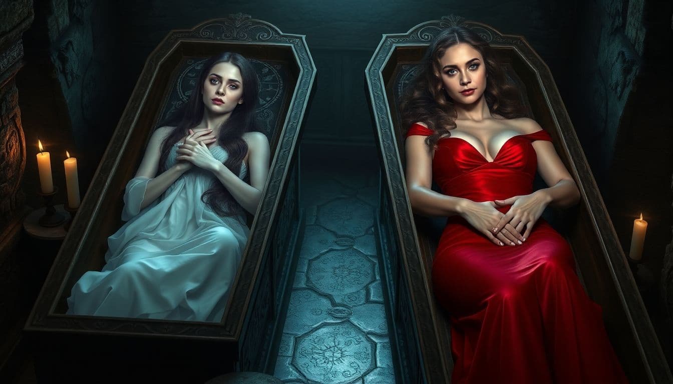 AI generated: In this haunting image, two female figures lie in ornate coffins, surrounded by the dark, dank atmos...