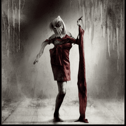 AI generated: legendary photoart dark and terrifying themes, evil nurse from Silent Hill, in a short uniform with ...