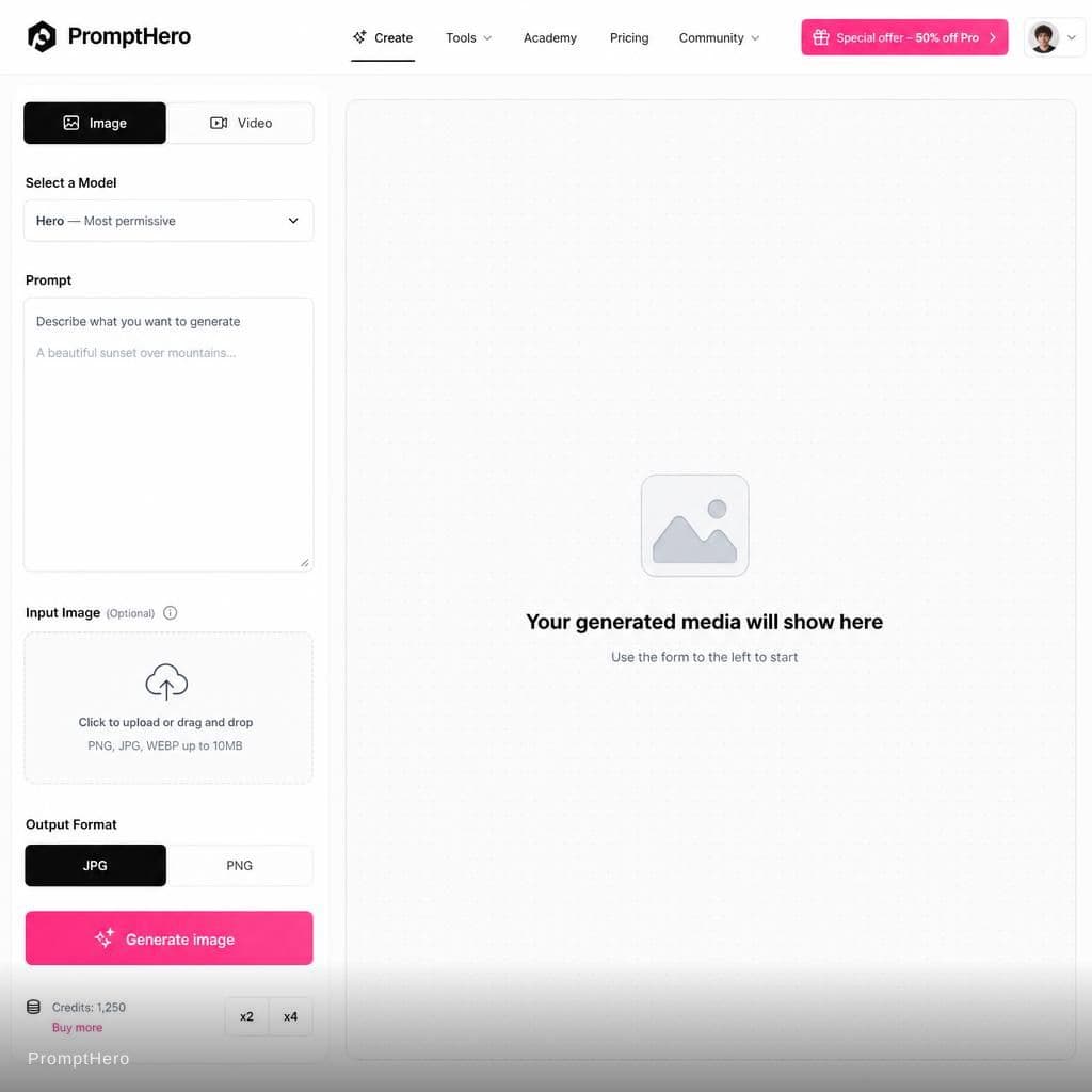 AI generated: Create a clean modern SaaS/web-app interface screenshot mockup inspired by PromptHero AI image gener...