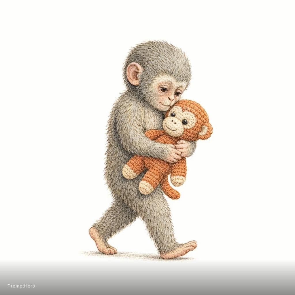 AI generated: vintage children's book illustration, cute baby monkey walking while carrying its small crochet stuf...