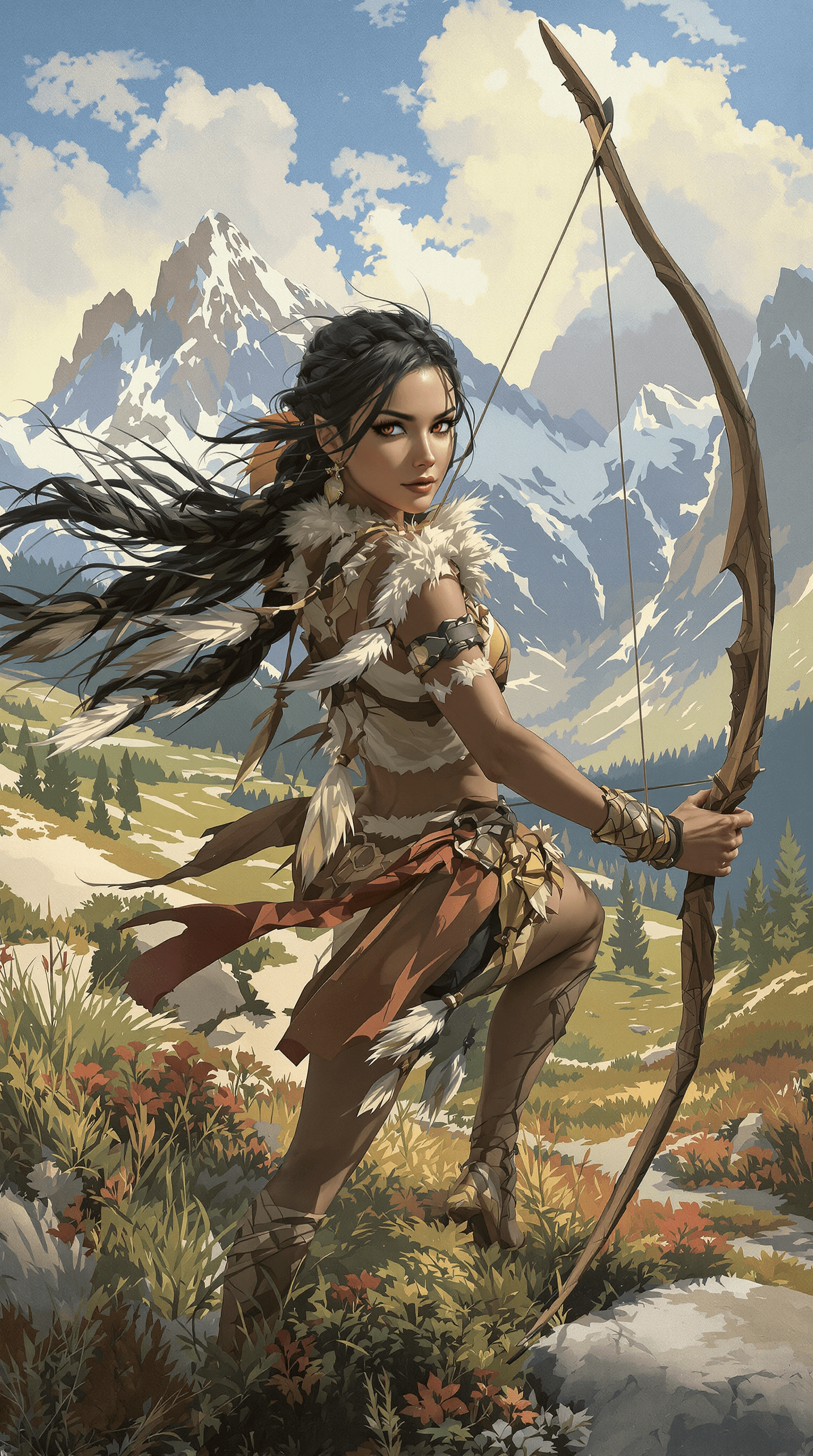 AI generated: A pretty, resilient huntress with an athletic build, her sharp eyes reflecting the shifting colors o...