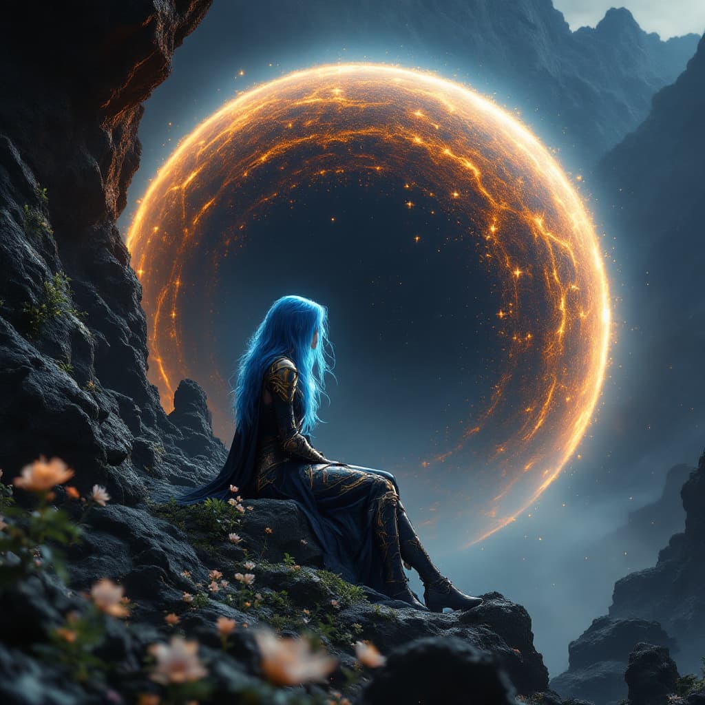 AI generated: Uma guerreira mística, com cabelo azul brilhante e magicamente fluindo e armadura corporal preta dou...