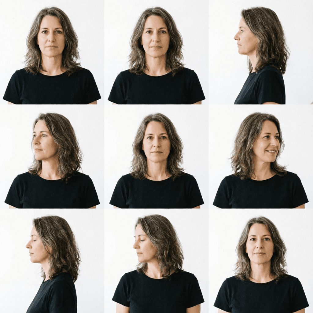 AI generated: do a study of this woman, close up, showing her from the waist up, studio, in a grid of 9 images, sh...