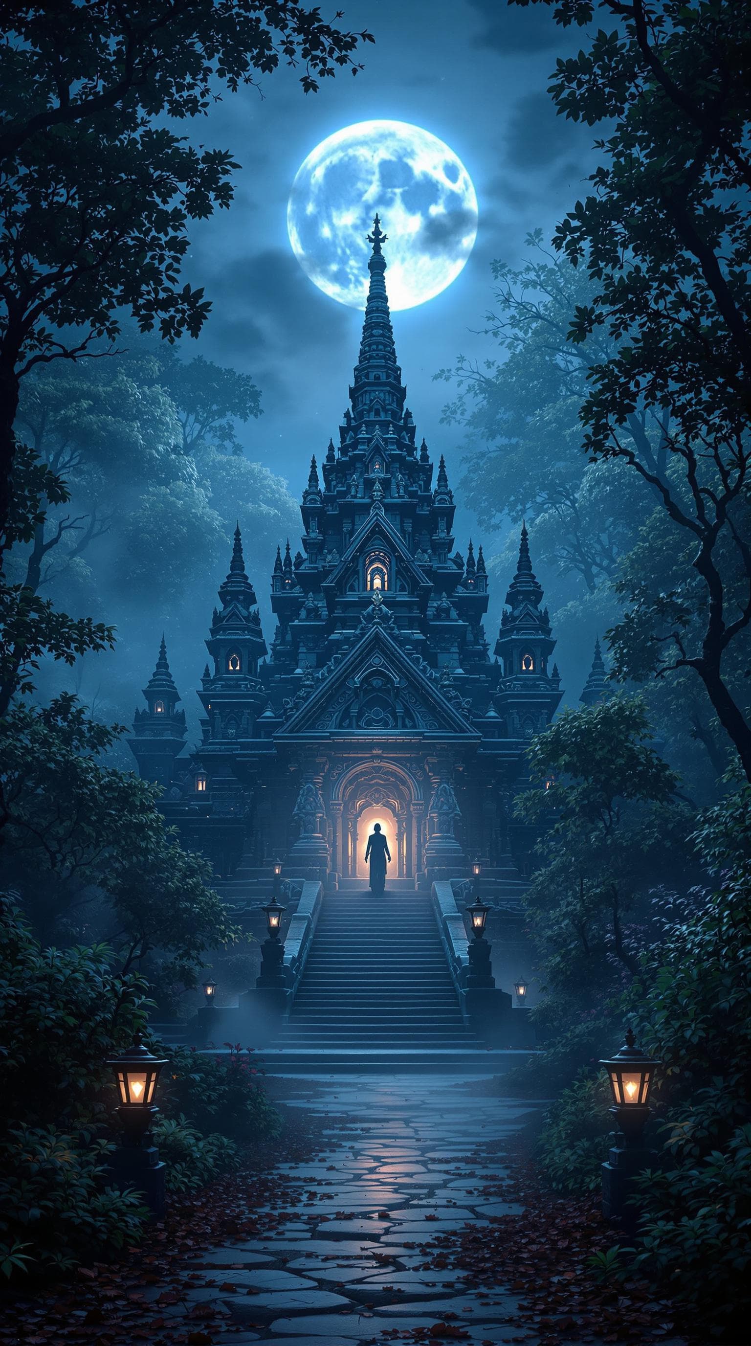 AI generated: Beautiful temple surrounded by dense trees, mysterious ambiance, moonlight shining, 8K resolution