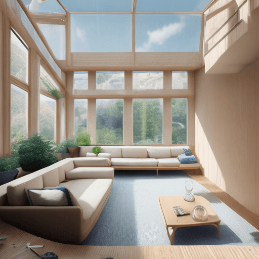 AI generated: High resolution photography interior design, dreamy sunken living room conversation pit, wooden floo...