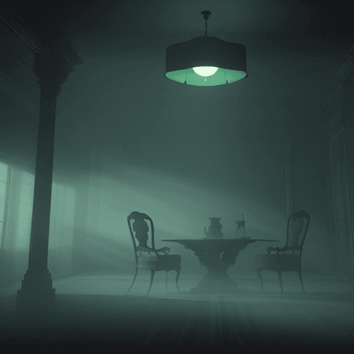 AI generated: 
image of a empty room dim lit, with a chair floating in the air, with smoke and fog in the shadows,...