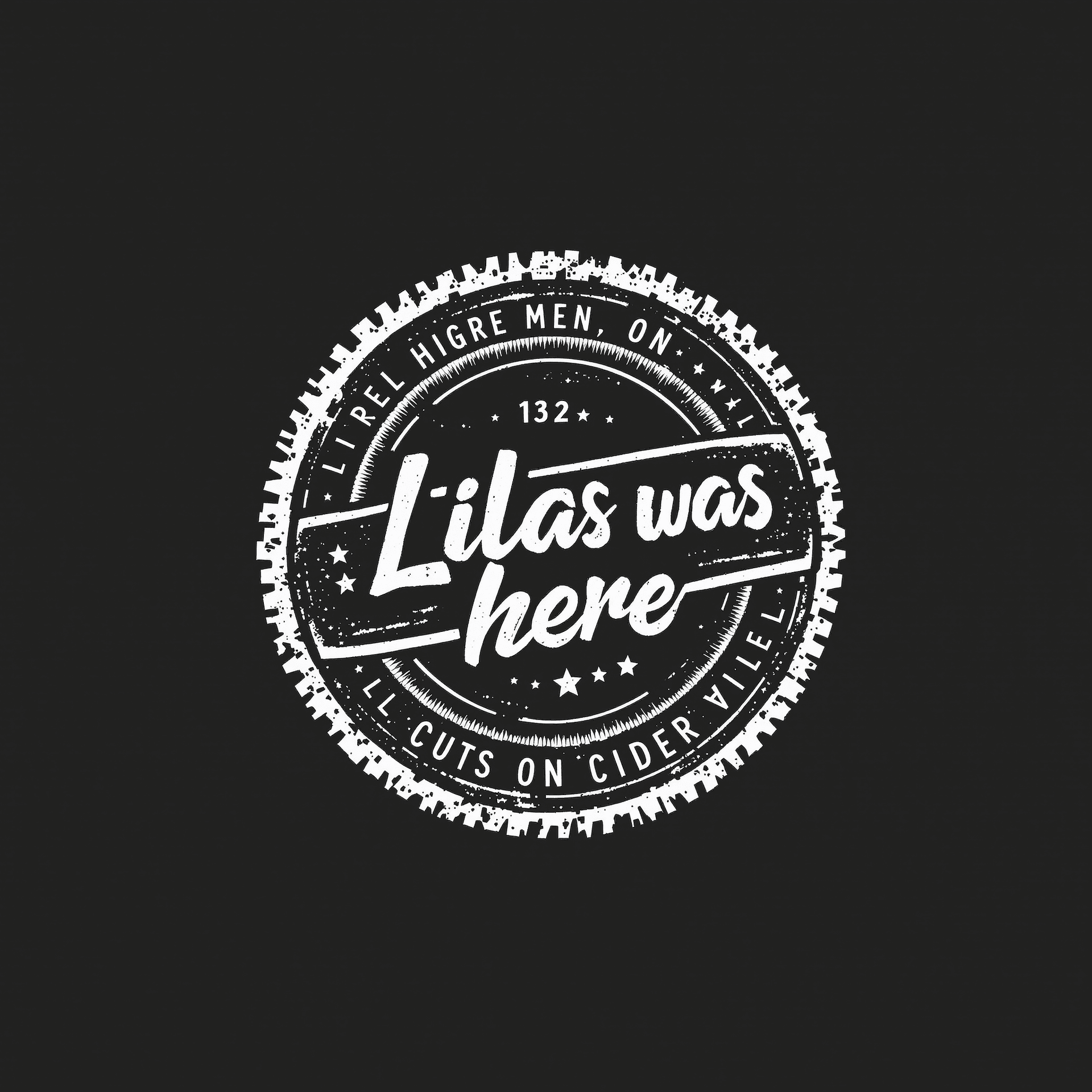 AI generated: create a round logo with "Lilas was here" as text as a stamp of the post black and white the outside...