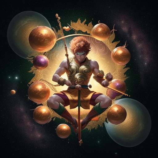 AI generated: Sun Wukong, surrounded by 7 Dragon Balls, golden radiance, divine dragon hovering, gentle gaze, gree...