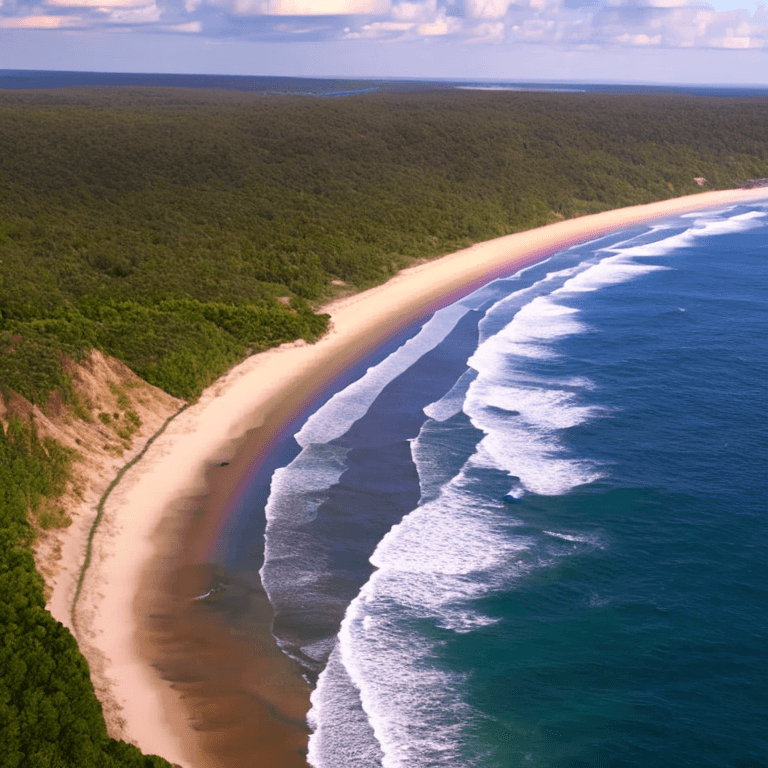AI generated: photorealistic oil on canvas,
soaring sky, sparse clouds above a beach below,
beautiful setting, mor...